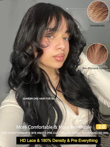 Image of Sunber 7x5 Glueless Wig Fluffy Natural Loose Wave Curtain Bangs Human Hair