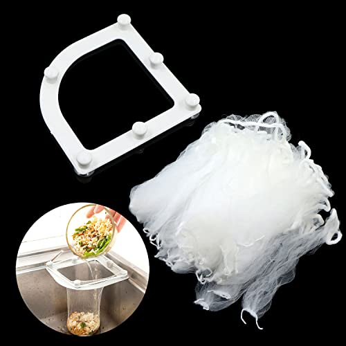 Duozea Fregadero Bolsa Malla Colador Esquina - Triangular Filtro Cocina Organizador Desagüe Red Colgante Almacenamiento Anti Obstrucción con 1 Soporte y 50 Bolsas para Restos Comida, Blanco Cover