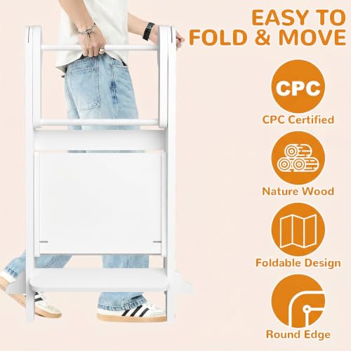 Image of ROOMTEC Foldable Toddler Kitchen Tower, 3 Adjustable Height Wooden Step Stool, Toddler Standing Tower with Safety Net (White)