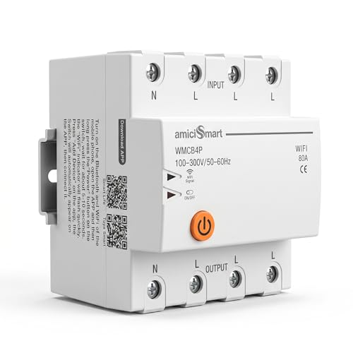 Image of amiciSmart WiFi MCB, Circuit Breaker, 220VAC 80A 3 Phase Home Automation Smart Switch Timer Mobile App Control Compatible with Alexa, White (Din Rail Mount)