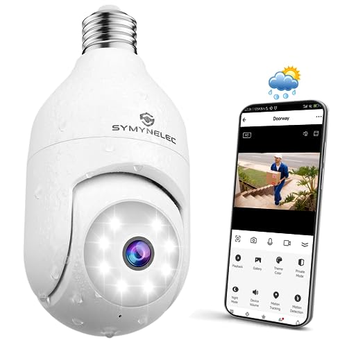 SYMYNELEC Caméra Surveillance Ampoule Extérieure Étanche, Caméra WiFi sans Fil 2,4 GHz, Caméra Sécurité Intelligente 2K avec Vision Nocturne Couleur, Détection Mouvement Humain, Compatible avec Alexa