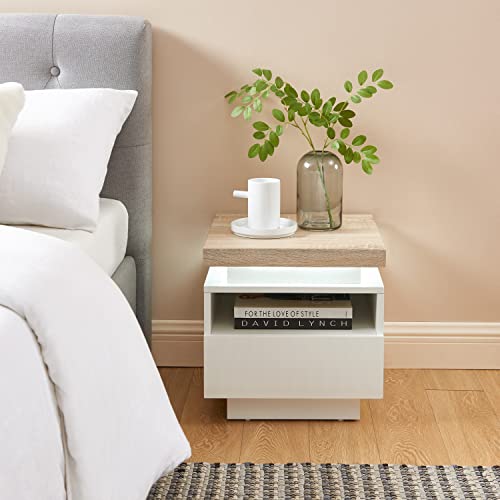 BAÏTA Cosmos Table de Chevet à LED, Blanc et chêne, L40cm