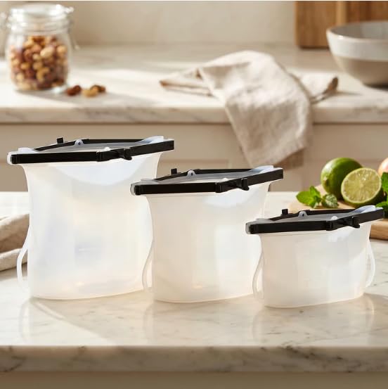 Reusable Silicone Food Storage Bags Set of 3, Leakproof Airtight Food Saver Bags, BPA Free Freezer & Microwave Safe Reusable Zip Lock Bags for Snacks, Fruits & Meal Prep