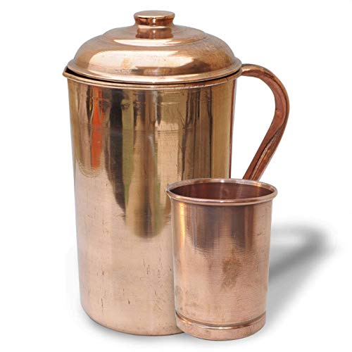 Brocca in rame con vetro Brocca per acqua liscia in rame puro con vetro, brocca in rame per benefici per la salute dell\'Ayurveda con finitura liscia