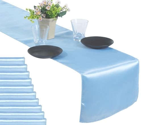 MDS Christmas Satin Table Runners - 20 Pack, 12 x 108 Inches - Bright Silk Sateen Table Decor for Harvest Dinner, Thanksgiving, New Year Party, Wedding, Holiday Banquet Dining Decor - Baby Blue