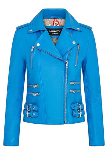 Infinity Leather Veste Motard Rétro Bleue 100% Cuir Nappa Pour Femme