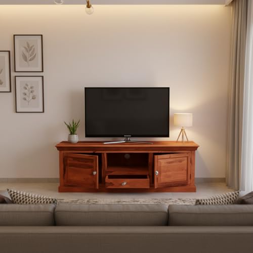 Image of APRODZ Sheesham Wood Tv Unit Cabinet with Shelves and one Drawer (Sheesham - Honey)