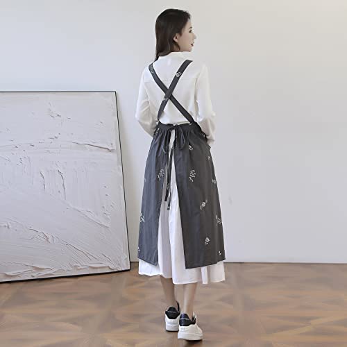 Talibsa Pinafore Apron Dress，Japanese Cotton Linen Cross Back Apron For Women With Pockets，Cooking Apron,Gardening Apron #TOP2