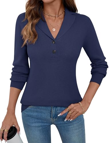 Image of LOMON Sweaters for Women 2025 Fall Knitted V-Neck Collared Button Pullover Dressy Casual Long Sleeve Polo Shirts Business
