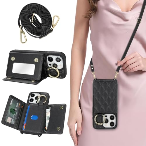 DEYHU for iPhone 15 Pro Case with Card Holder and Strap for Women Crossbody Lanyard Make Up Mirror Ring Stand Snap Clasp Cute Phone Wallet Cases 6.1 inch - Black