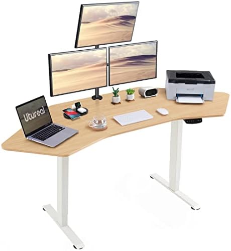 Utureal 71" Electric Corner Standing Desk, Wing Shape Height Adjustable Desk for Home Office, Dual Motor Stand Up Computer Desk, L Shaped Motorized Sit Stand Workstation, Oak Table Top, White Frame