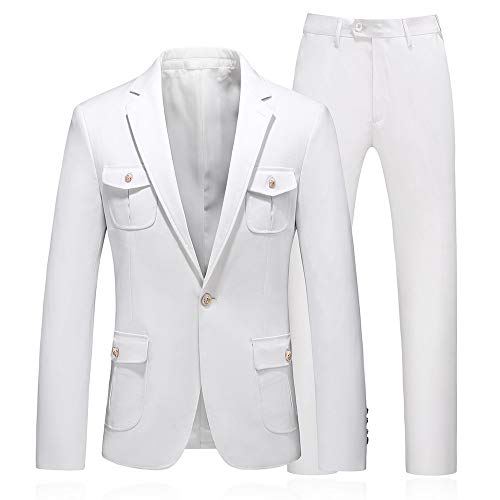 UNINUKOO Mens Slim Fit Tuxedo Wedding Business Two Chest Packet Suit US 44 (Label Size 5XL) White