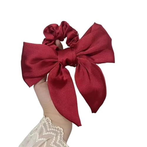 Elegante diadema con lazo for mujer, for niña, coletero de satén liso, gomas elásticas grandes for coleta(Red)