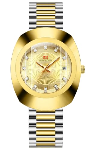 Couple Oval Gold Quartz Watches Luxury Dress Watch for Men & Women Diamond Dial Romantic Elegant Analog Watches with Date Display (Gold Silver Men)