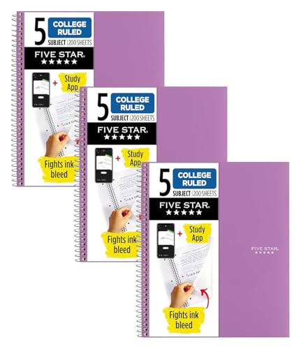 Image of Five Star Spiral Notebook + Study App, 5 Subject, College Ruled Paper, 8-1 /2 inch x 11 inch, 200 Sheets, Fights Ink Bleed, Water Resistant Cover, Amethyst Purple (38748)(Pack of 3)