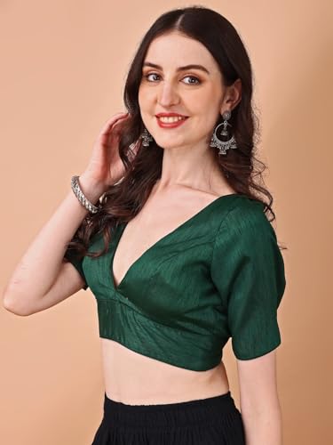 Image of Womanista Women's Dupion Silk Half Sleeve Solid V Neck Readymade Saree Blouse Stylish