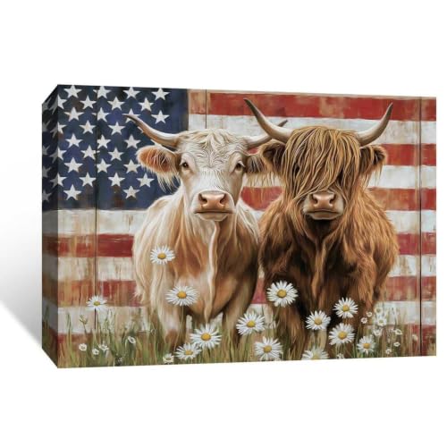 Image of Highland Cow Americana Flag Canvas Print Picture Wall Art for Home Decor | Patriotic Animal, Gallery Wrapped, for Living Room