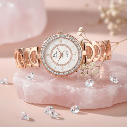 Image of IIK COLLECTION Watches for Women Round Studded Dial |Analogue Quartz Movemnet Ladies Watch|Long Battery Life|Stainless Steel Adjustable Bracelet Chain Strap|Double Lock Clasp Safety Watches for Girls
