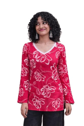 Image of Women Pure Cotton Floral Printed Short Kurti | Square Neck | Full Sleeves | Stylish Ethnic Kurta | Back Tie-Up | Casual Wear Kurta