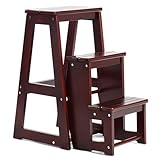 3-Step Folding Solid Wood Stool, Portable Wooden Stepladder, Display Storage Shelf for Kids & Adults