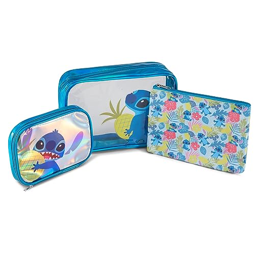Disney Conjunto de estojo cosmético Lilo and Stitch – Meninas, meninos, adolescentes, adultos – Estojo cosmético de viagem oficialmente licenciado pela Lilo and Stitch, conjunto de 3 peças, Azul