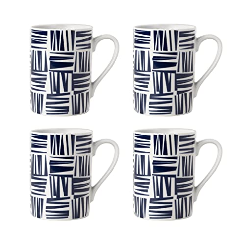 Sabichi Brooklyn Navy Blue Mugs Set of 4-350ml Coffee Mugs - Microwave & Dishwasher Safe Mug Set - Durable & Modern Design - Home & Office Use - Porcelain -Blue and White Geometric Print