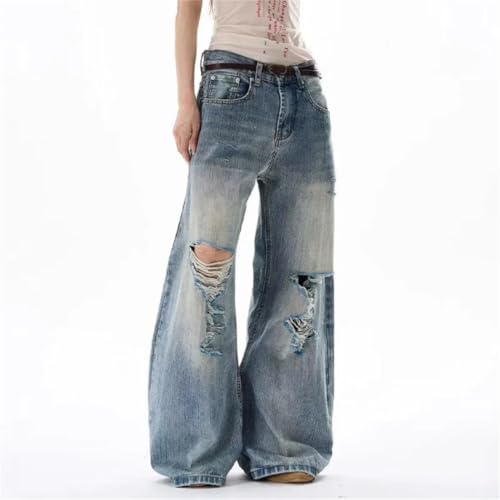 Men's American Style Distressed Jeans, Holes Design, Casual Loose Wide Leg Denim Trousers4