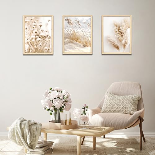 3 Pcs Framed Canvas Wall Art Beige Dandelion Pampas Grass Sage Canvas Prints Coastal Beach Landscape Pictures for Living Room Bedroom Kitchen Hallway Wall Decor 90x40cm(12"x16"x3pcs) (No Plexiglass) - Image 3