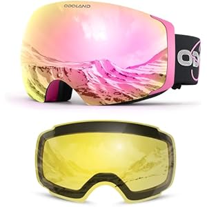Odoland Gafas de esquí unisex para hombre y mujer, gafas de snowboard sin marco, con cristal cambiante magnético, protección UV, antiniebla, gafas de nieve compatibles con cascos, gafas de e