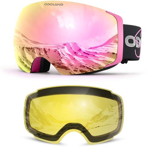 Odoland Ski Goggles, OTG and UV Protection Snowboard Goggles with Magnetic Interchangeable Lens for Men & Women Revo Pink Lens Vlt 17%