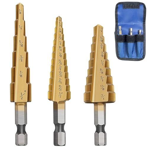 Step Drill Bit Set, Step Bits for DIY Projects and Professionals – Titanium-Coated High-Speed Steel Step Drill Bits for Wood, Metal, and Plastic (3