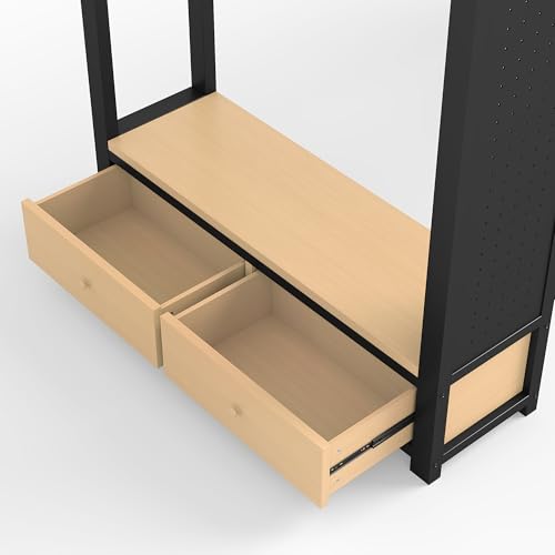 Image of Bellemave Twin XL Size loft Bed with Wardrobe and Storage Shelves and Pegboard Drawers, Metal Twin XL Loft Bed Frame for Adults, Kids, Teens, Black