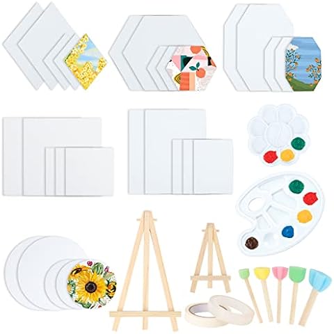 30 Packs Canvases for Painting with Palettes Mini Easels Sponges, Painting Canvas Panels Bulk for Oil Watercolor Hexagon Round Rectangle 8x10 Small Blank Canvas Boards Kids Adult Canvas Wall Art Craft Cover
