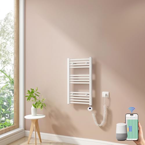 Heilmetz Smart WiFi Badheizkörper Elektrisch 70x40cm Elektrischer Handtuchtrockner mit Thermostat und Timer-Funktion Gerade Handtuchheizkörper Weiß 300W