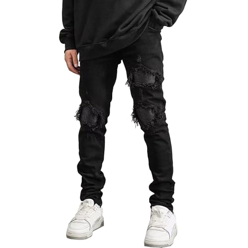 Qolkmuiy-GJ Men's Cutout Ripped Stretch Jeans Patch Regular Distressed Denim Pants Y2K Stacked Skinny Cowboy Trousers (Black,36)