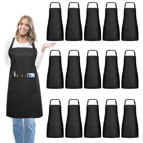 IMERAGO 15 delantales para adultos a granel con bolsillos, delantal de chef ajustable para mujeres y hombres, pintura, cocina, manualidades (S/L), Negro -, L (waist 30'' to 42'')