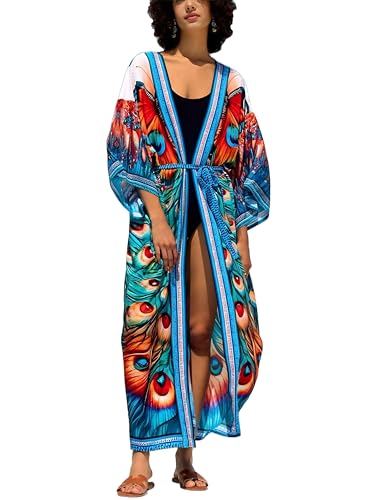 Image of Women's Kimono Cover Up Long Beach Dress Swimsuit Cover Ups Colorful Cardigan Lightweight Robe for Swimwear