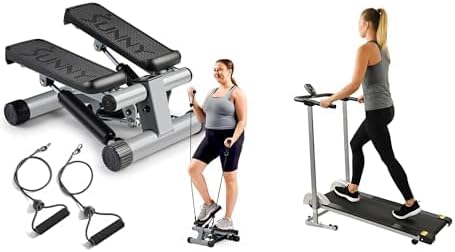 Sunny Health & Fitness Mini Stepper Machine, Stair Stepper Exercise Equipment with Resistance Bands for Home Workout + Foldable Manual Treadmill, Durable Non-Electric Incline Exercise