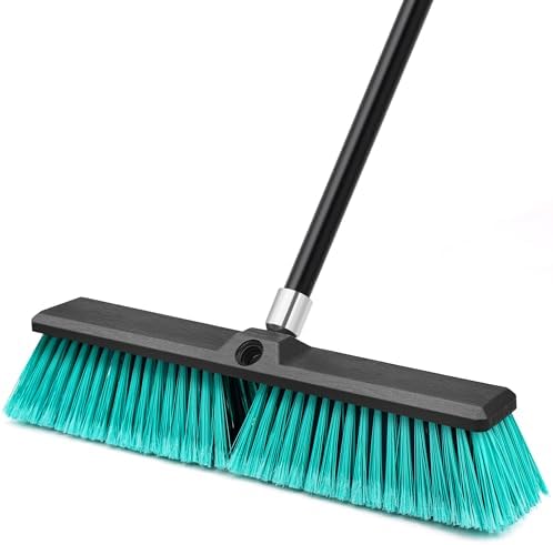 TidyBliss 18” Push Broom Outdoor Heavy Duty, Large Commercial Stiff Bristle Brush with 63 inches Long Handle for Garage Shop Garden Yard Patio Deck Street Warehouse Lawn Driveway (Green)