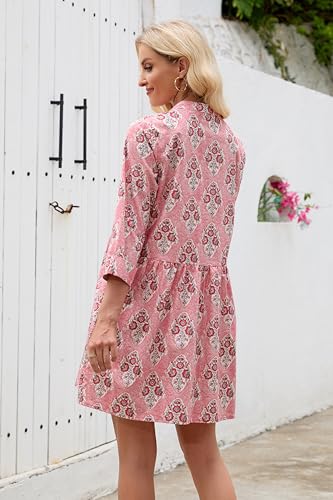 Floral Dress for Women 3/4 Sleeve Button Up Shift Boho Mini Tunic Cotton Shirt Dresses with Pockets2