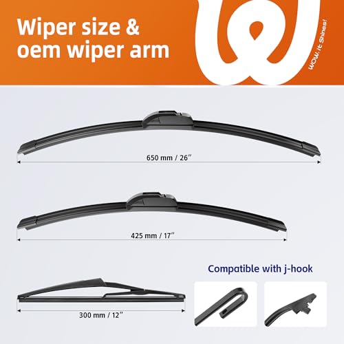Image of 26 inch+17 inch Windshield Wiper Blades with 12 inch Rear Wiper Replacement for Nissan Rogue /Nissan Pathfinder 2013-2016 2017 2018 2019 2020 2021 2022 2023- OEM Quality All-Weather J Hook(Set of 3)