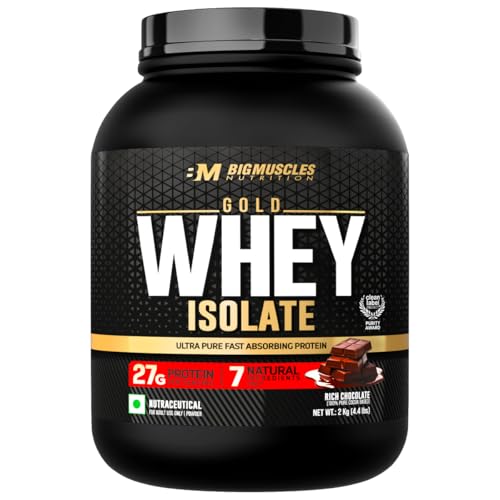 Image of Bigmuscles Nutrition Gold Whey Isolate (2kg, Rich Chocolate) | 27g Whey Protein Isolate 90% | 7 Natural Ingredients Only | 0 Added Sugar | Clean Label Project Purity Award USA