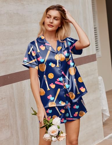 Image of Ekouaer Silk Satin Pajamas 2 Piece Pajamas for Women Set Button Down PJ Short Sleeve and Shorts Pjs Lounge Sets