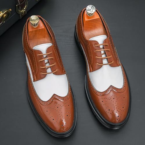 Men's Classic Leather Two Tone Wingtip Tuxedo Dress Brogues Oxfords Fashion Lace Up Patchwork Carved Chunky Block Heel Round Toe Non-Slip Formal Derby Shoes for Business Wedding Party4
