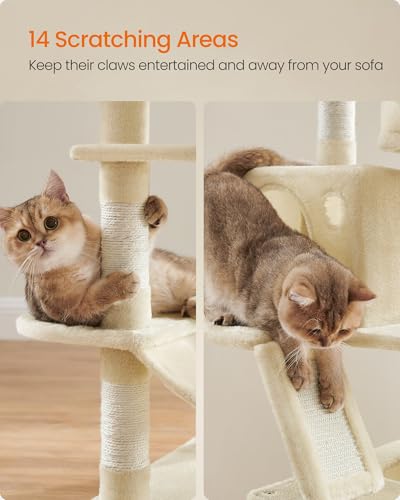 Image of Feandrea Cat Tree, 66.1-Inch Large Cat Tower, Multi-Level Plush Condo with 13 Scratching Posts, 2 Perches, 2 Caves, Basket, Hammock, Pompoms, Beige UPCT165M01