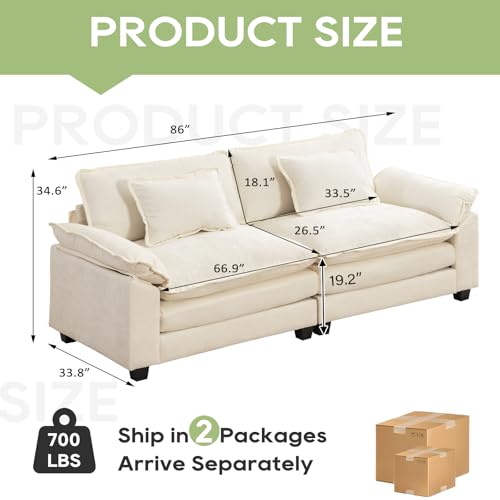 Image of Oprisen 86 inch Modular Sectional Sofa, Comfy Cloud Couch Sectional Sofa, Chenille Sofa Sleeper Deep Seat Sofa with Throw Pillows for Living Room (Beige White, 86 inch- Loveseat)