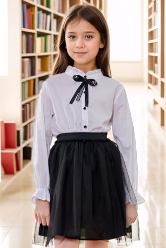 SOLOCOTE Girls White Blouse Ruffle Long Sleeve Button Down Shirts Princess Cotton Loose Soft Tops Spring and Summer, SLN9009 13-14 White