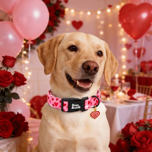 Image of Dog Collars, Valentine's Pink Cute Love Heart Print Pet Collar Durable Adjustable Plastic Pendant Dog Collar for Medium Dogs