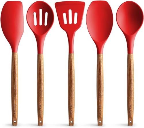 Image of Non-Stick Silicone Cooking Utensils Set, 5 Pcs With Wooden Handle, Heat Resistant Silicone Kitchen Gadgets (Red, 5)