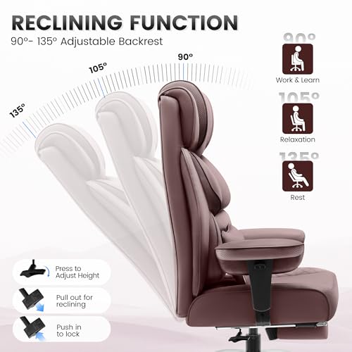 Office Desk Chair, Big and Tall Leather Gaming Chair with Footrest, Wide Ergonomic Comfy Executive High-Back Reclining Computer Chairs, Swivel Rolling Wheels and Padded Lumbar Support,Coffee - Image 7